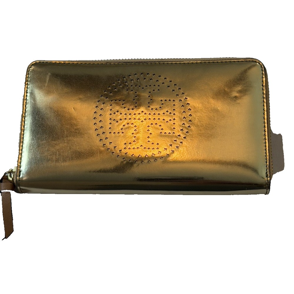 Tory Burch Metallic Gold Perforated Logo Zip Aound Continental Wallet